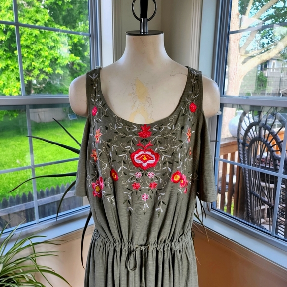 Rafaella Olive Green & Pink Embroidered Floral Print Cold Shoulder Dress Sz XL - Picture 6 of 9